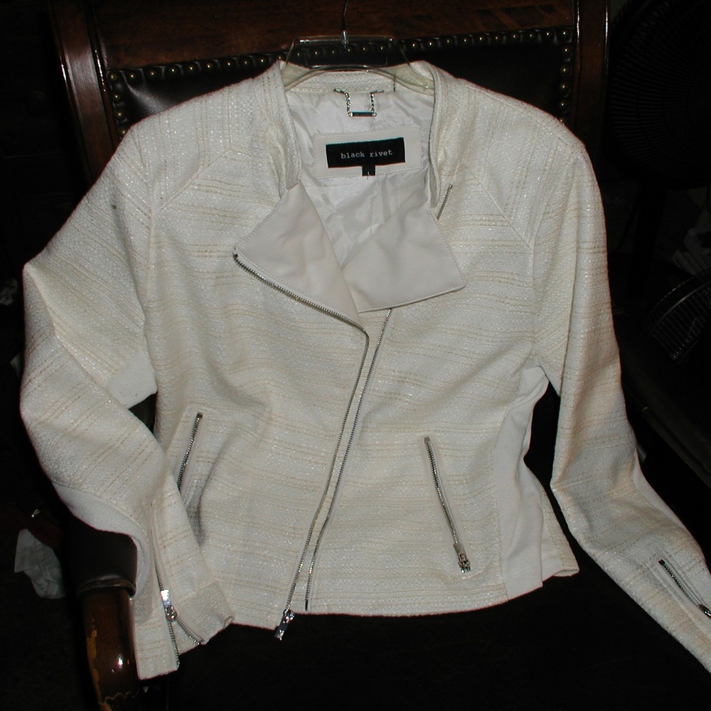 White jacket with leather lapel, zipper accents